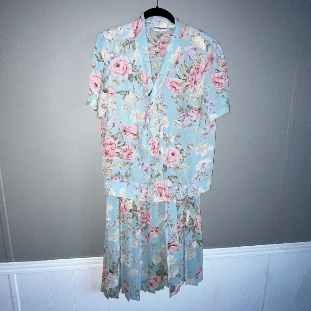 Vintage Alfred Dunner Floral 2pc Outfit Skirt Set 10 Blue Romantic Feminine Boho